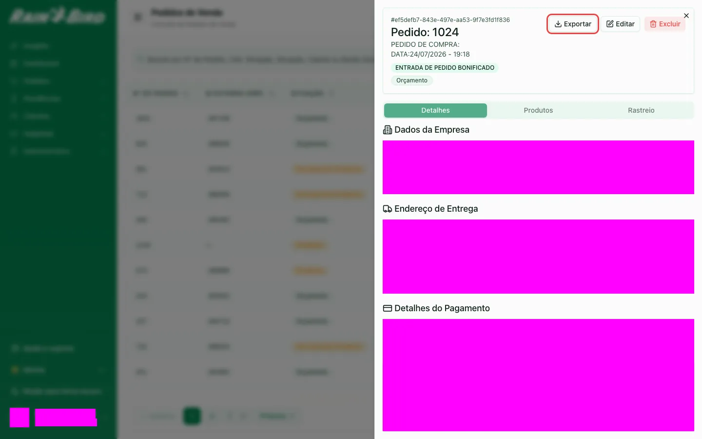 Menu de exportação do pedido com as opções PDF, XLSX e CSV
