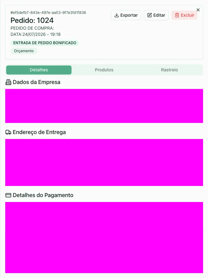 Visão geral da tela de detalhes do pedido