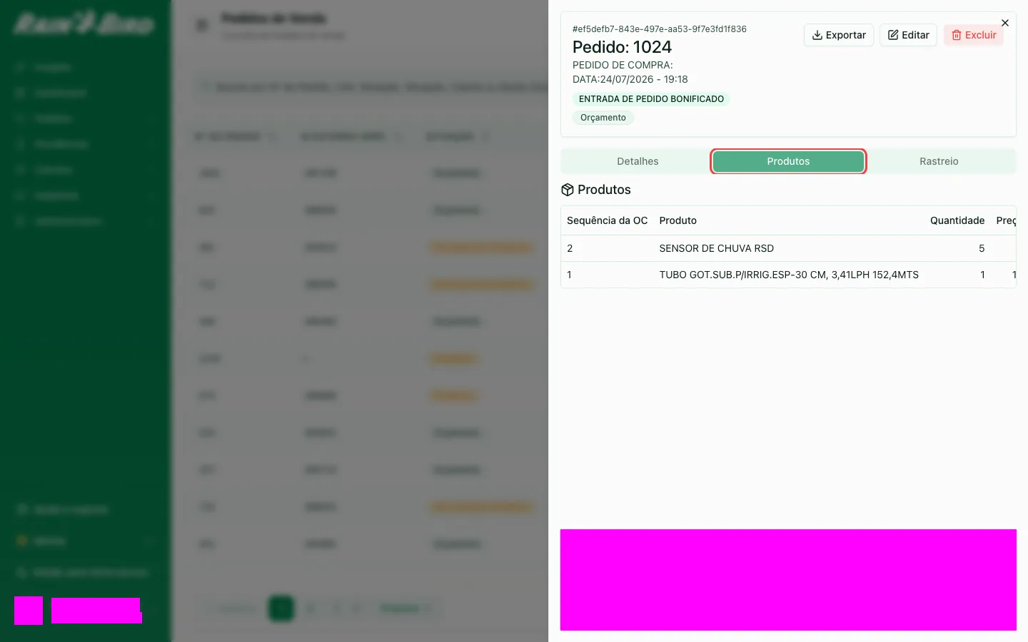 Lista de produtos do pedido na aba de produtos